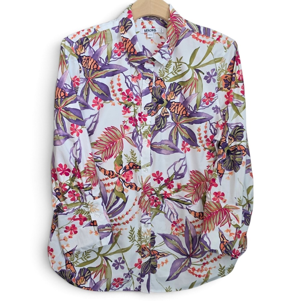 Chicos Shirt Womens 2 US Large 12 Floral Botanical Tropical Button Down Blouse